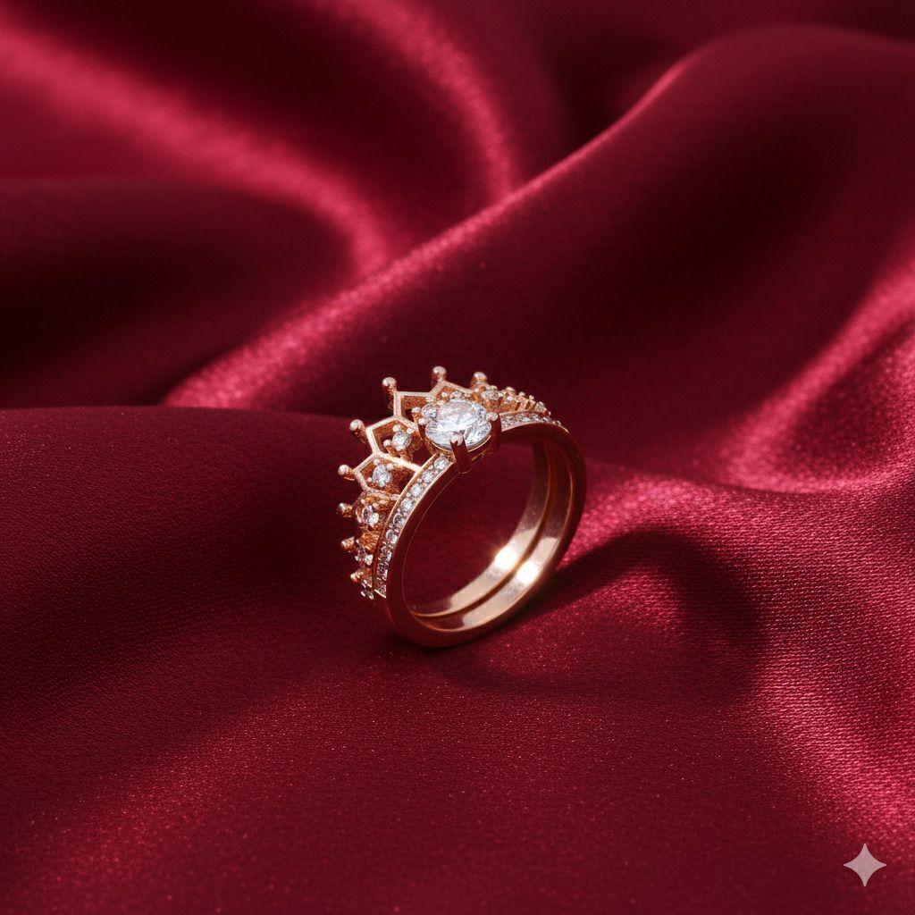 Forevershine Rose Gold Crown Design Adjustable Finger Ring For Women | Cubic Zirconia Studded Statement Open Ring | Fashion Jewellery For Girls Ladies | Gift Accessory