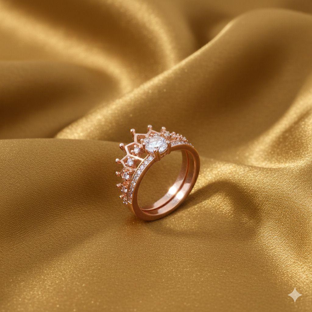 Forevershine Rose Gold Crown Design Adjustable Finger Ring For Women | Cubic Zirconia Studded Statement Open Ring | Fashion Jewellery For Girls Ladies | Gift Accessory - Image 2