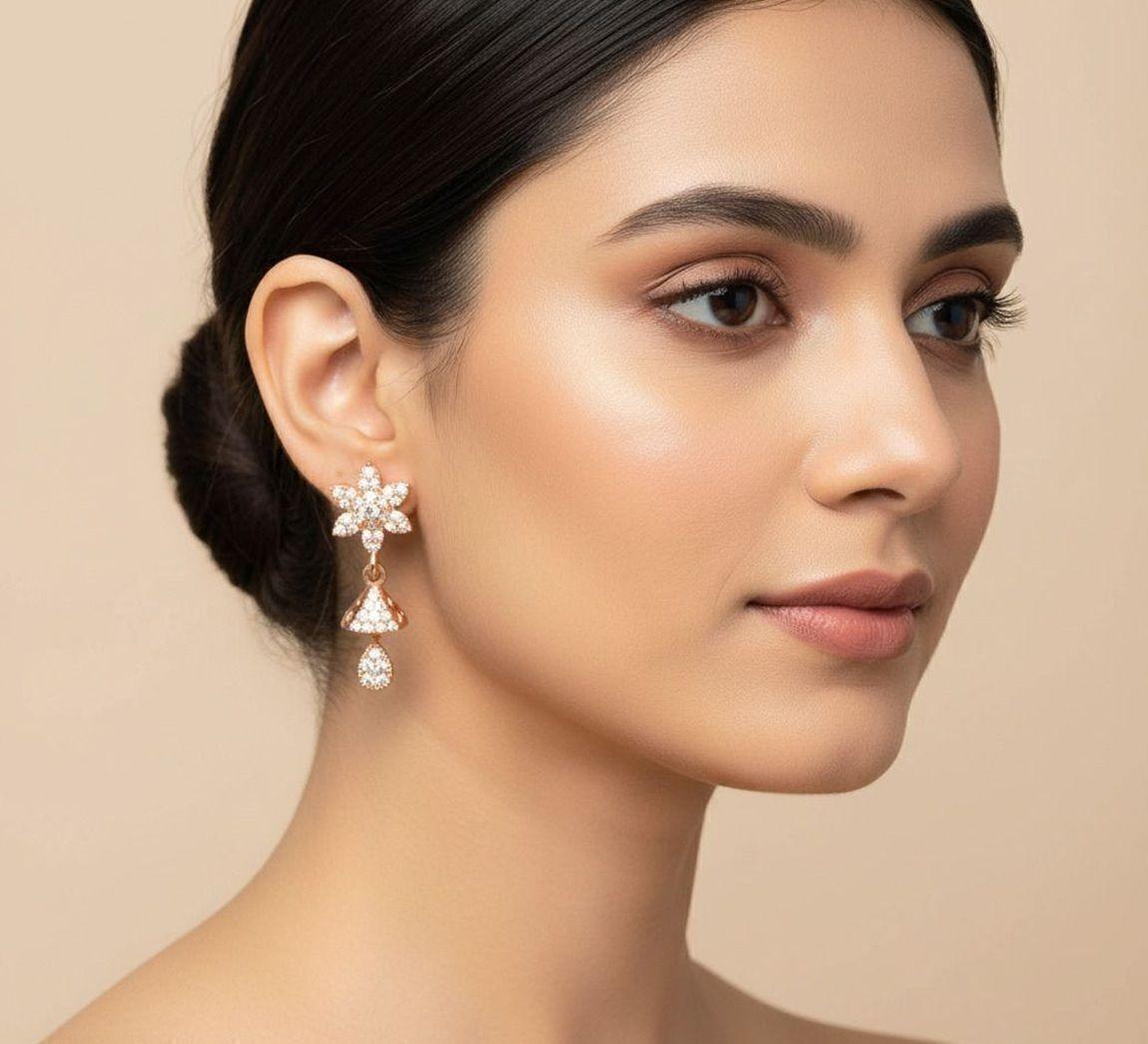 Forevershine Anti Tarnish Golden Plated Floral Stud Cz Hanging Drop Earrings|lightweight|gift For Her|skin Friendly & Hypoallergenic|stylish Jewelry For Women & Girls - Image 2