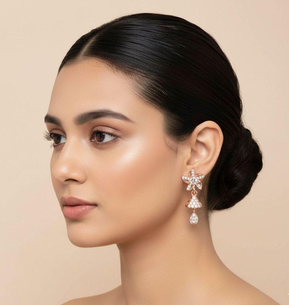 Forevershine Anti Tarnish Rose Gold Plated Floral Star Cz Jhumki Style Drop Earrings|lightweight|gift For Her|skin Friendly & Hypoallergenic|stylish Jewelry For Women & Girls - Image 2