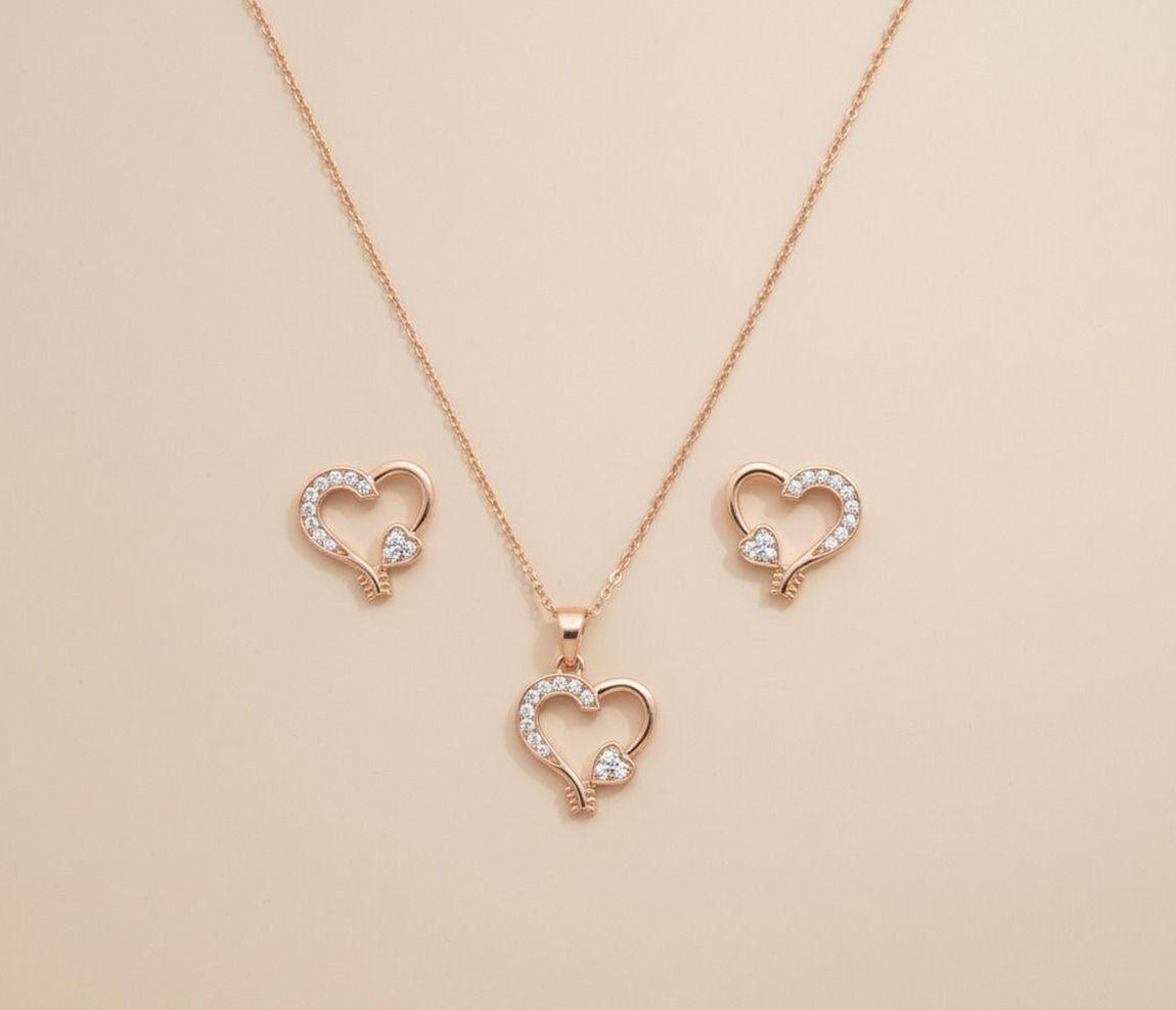 Forevershine Rose Gold Plated Heart Pendant Necklace & Matching Earrings Set For Women | Cubic Zirconia Stone Studded Chain Pendant & Earrings Set | Stylish Jewellery For Girls & Women
