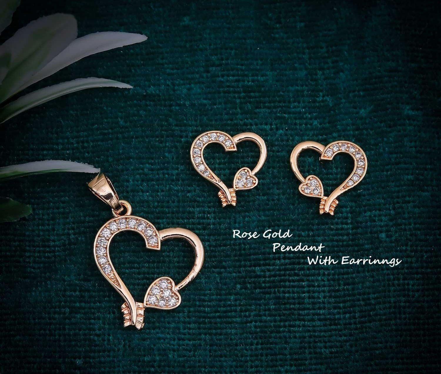 Forevershine Rose Gold Plated Heart Pendant Necklace & Matching Earrings Set For Women | Cubic Zirconia Stone Studded Chain Pendant & Earrings Set | Stylish Jewellery For Girls & Women - Image 3