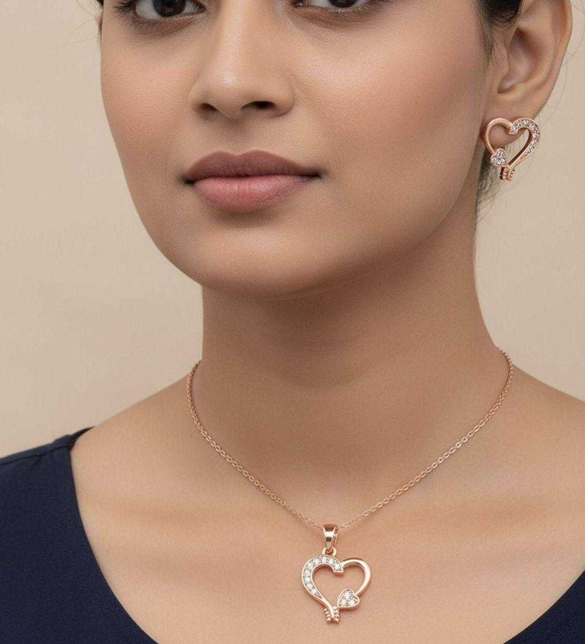 Forevershine Rose Gold Plated Heart Pendant Necklace & Matching Earrings Set For Women | Cubic Zirconia Stone Studded Chain Pendant & Earrings Set | Stylish Jewellery For Girls & Women - Image 2