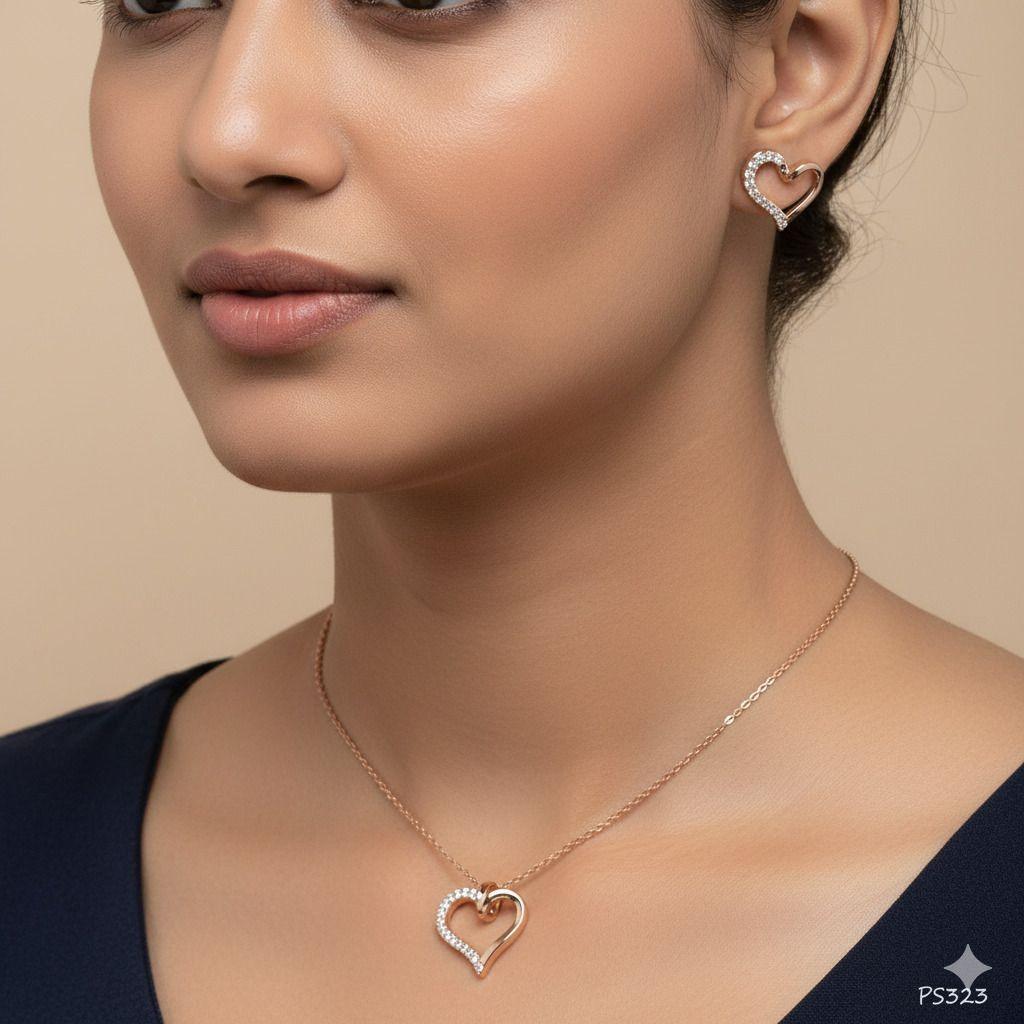 Forevershine Rose Gold Plated Cz Pendant Necklace With Earrings Set For Women | Cubic Zirconia Stone Studded Jewellery Set | Stylish Chain Pendant Set - Image 2