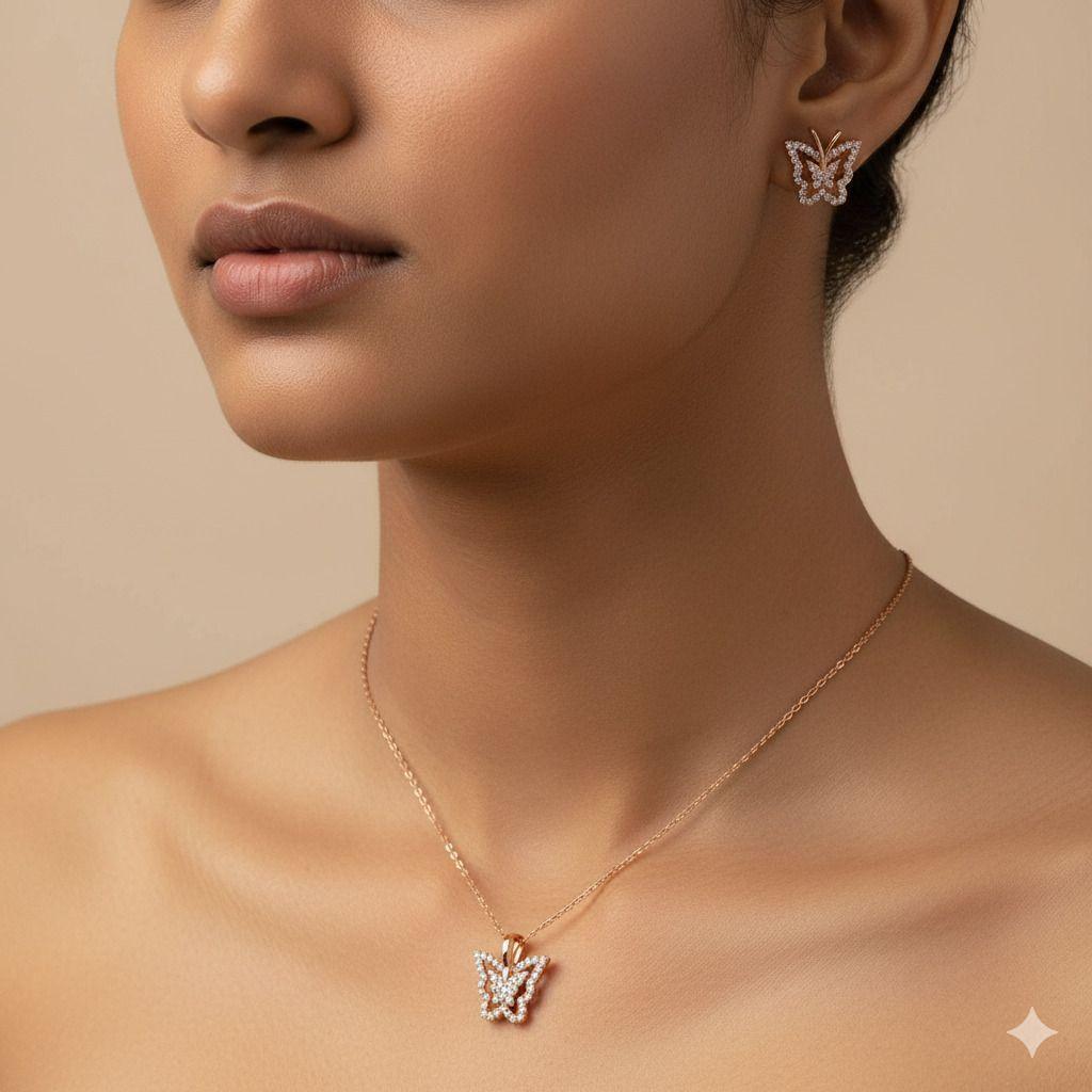 Forevershine Rose Gold Plated Butterfly Pendant Necklace With Earrings Set For Women | Cubic Zirconia Stone Studded Jewellery Set | Stylish Chain Pendant Set - Image 2