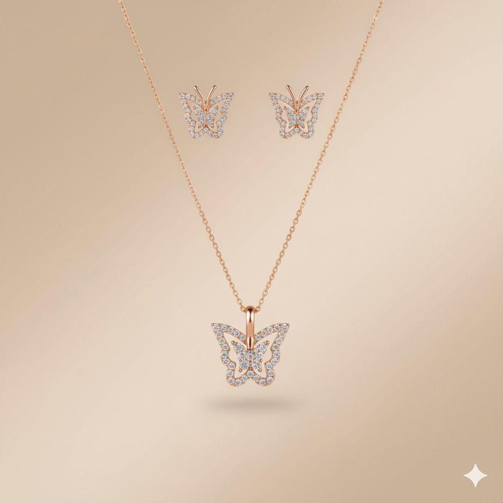 Forevershine Rose Gold Plated Butterfly Pendant Necklace With Earrings Set For Women | Cubic Zirconia Stone Studded Jewellery Set | Stylish Chain Pendant Set