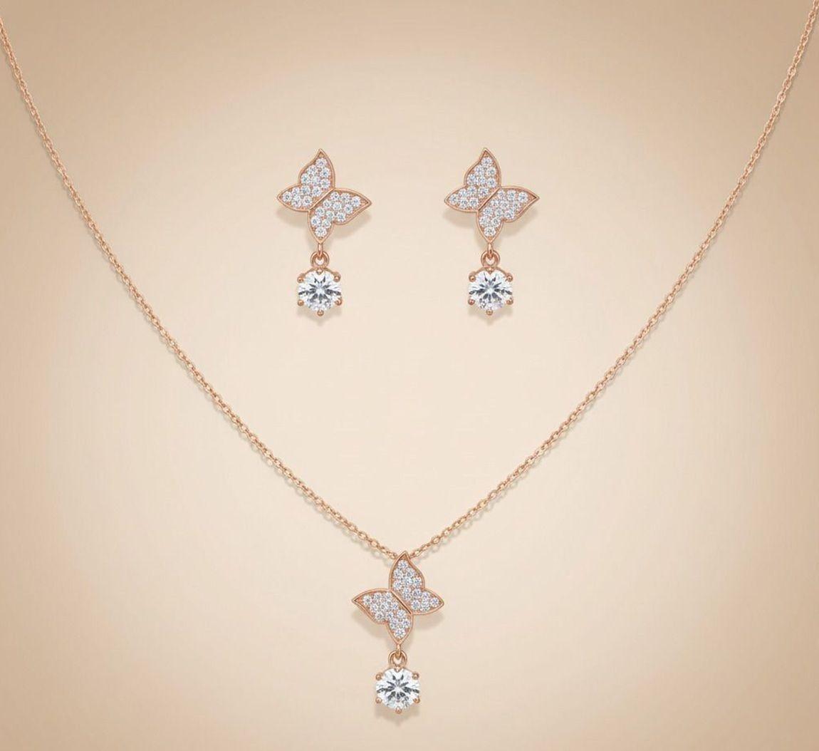 Forevershine Rose Gold Plated Butterfly Pendant Necklace With Earrings Set For Women | Cubic Zirconia Stone Studded Jewellery Set | Stylish Chain Pendant Set - Image 2