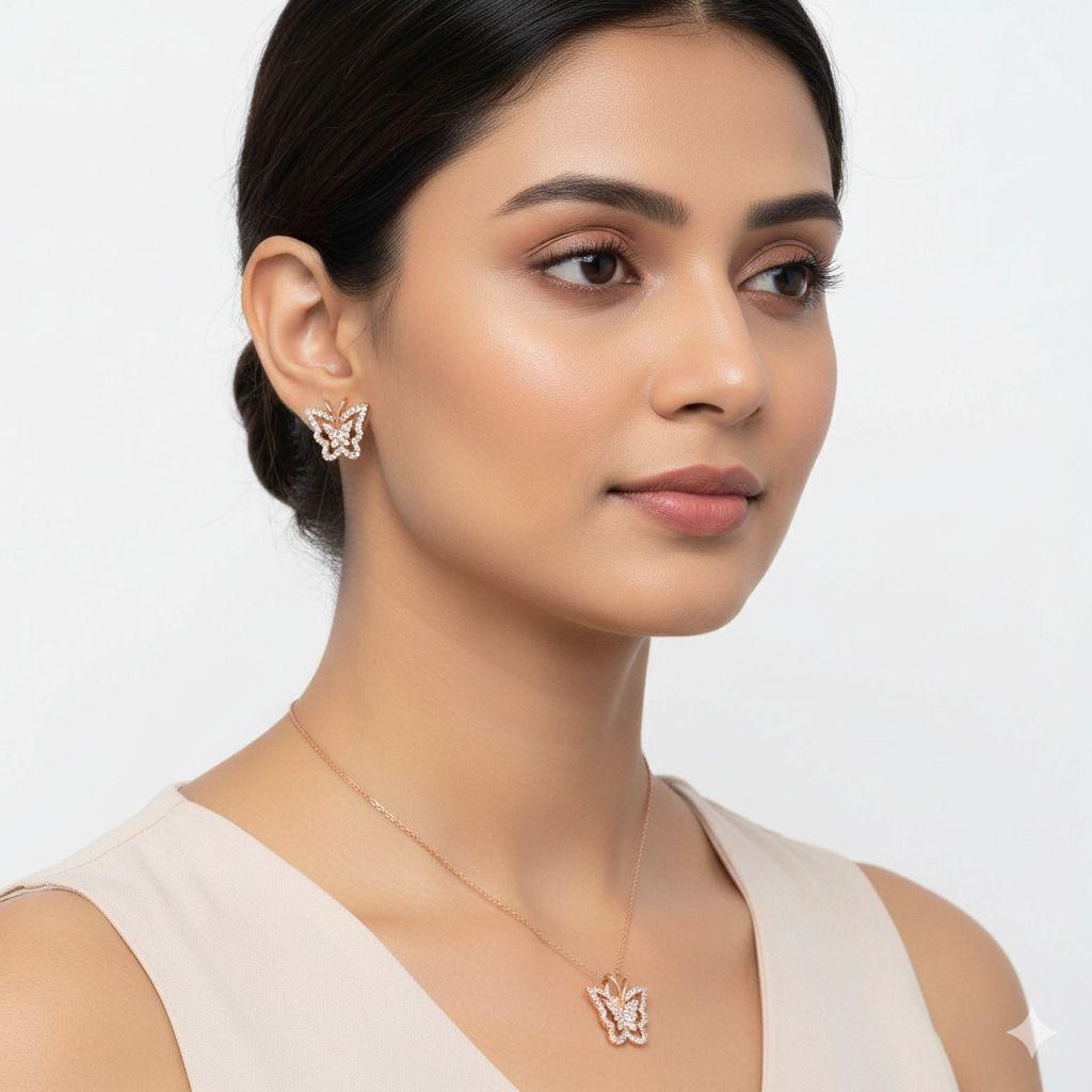 Forevershine Rose Gold Plated Butterfly Pendant Necklace With Earrings Set For Women | Cubic Zirconia Stone Studded Jewellery Set | Stylish Chain Pendant Set - Image 3