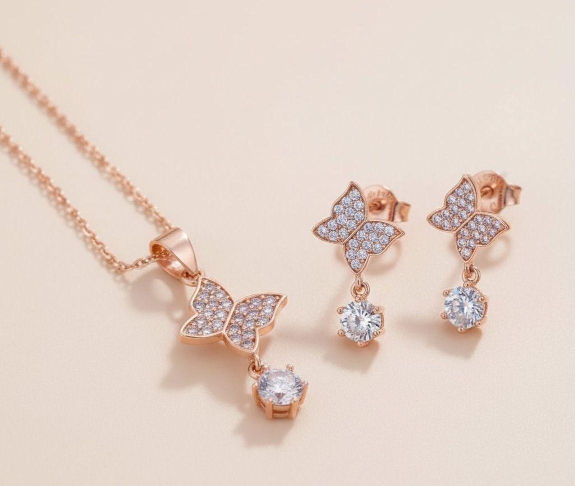 Forevershine Rose Gold Plated Butterfly Pendant Necklace With Earrings Set For Women | Cubic Zirconia Stone Studded Jewellery Set | Stylish Chain Pendant Set