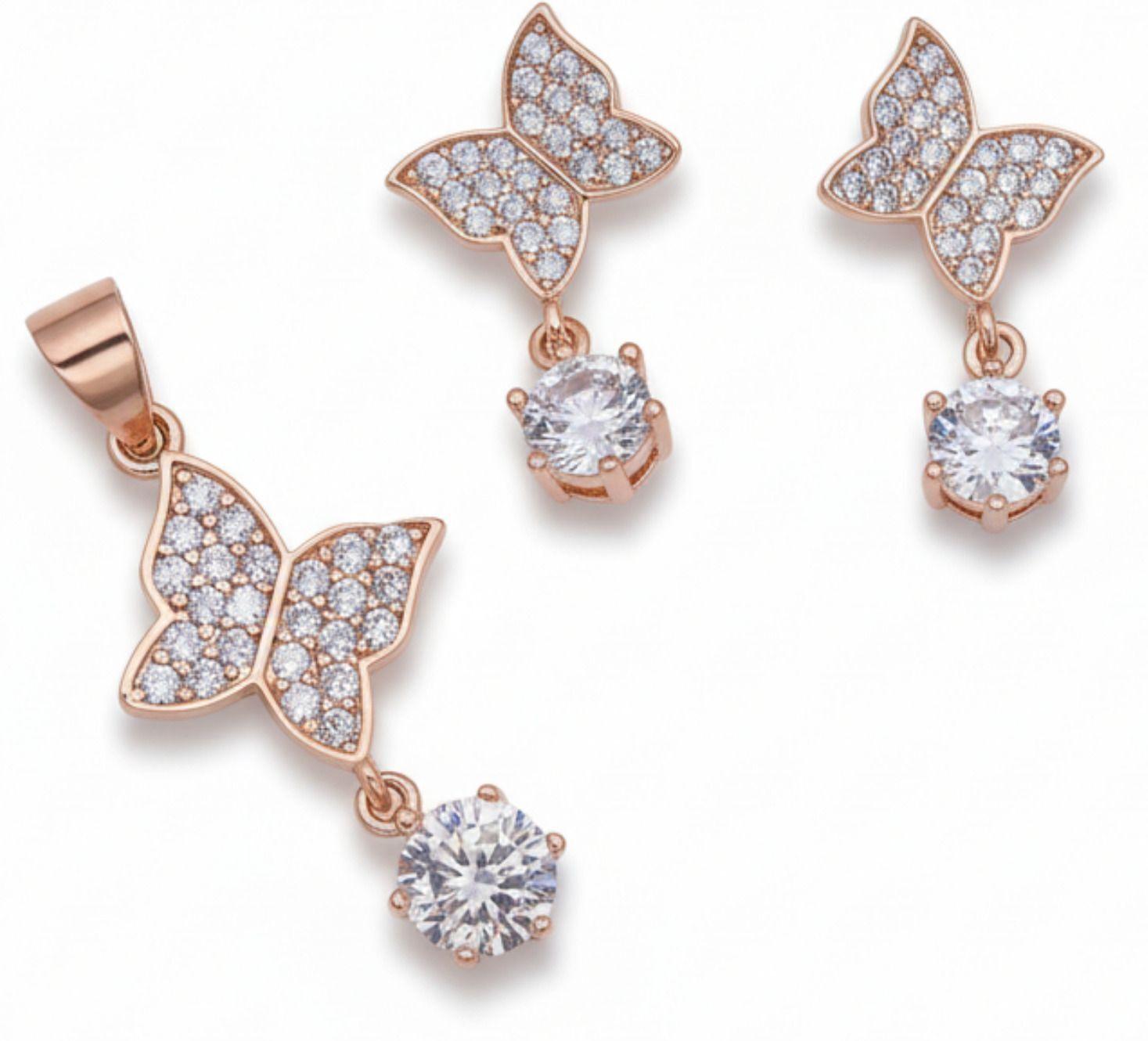 Forevershine Rose Gold Plated Butterfly Pendant Necklace With Earrings Set For Women | Cubic Zirconia Stone Studded Jewellery Set | Stylish Chain Pendant Set - Image 4