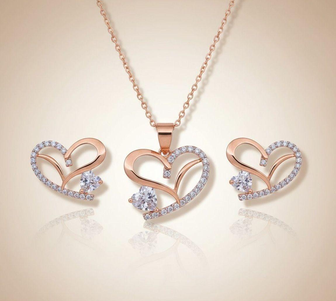 Forevershine Rose Gold Plated Heart Pendant Necklace With Earrings Set For Women | Cubic Zirconia Stone Studded Jewellery Set | Stylish Chain Pendant Set For Girls & Women