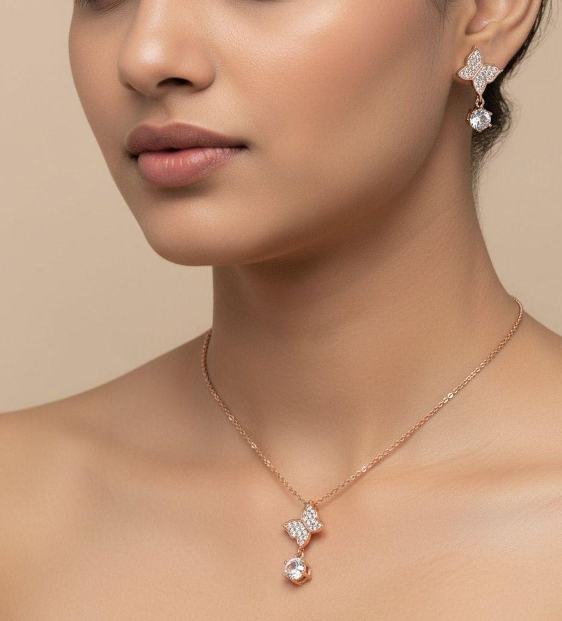 Forevershine Rose Gold Plated Butterfly Pendant Necklace With Earrings Set For Women | Cubic Zirconia Stone Studded Jewellery Set | Stylish Chain Pendant Set - Image 3