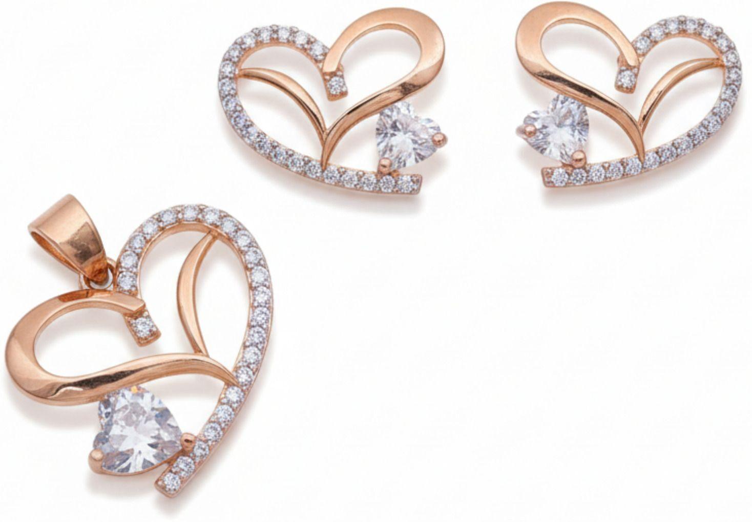 Forevershine Rose Gold Plated Heart Pendant Necklace With Earrings Set For Women | Cubic Zirconia Stone Studded Jewellery Set | Stylish Chain Pendant Set For Girls & Women - Image 2