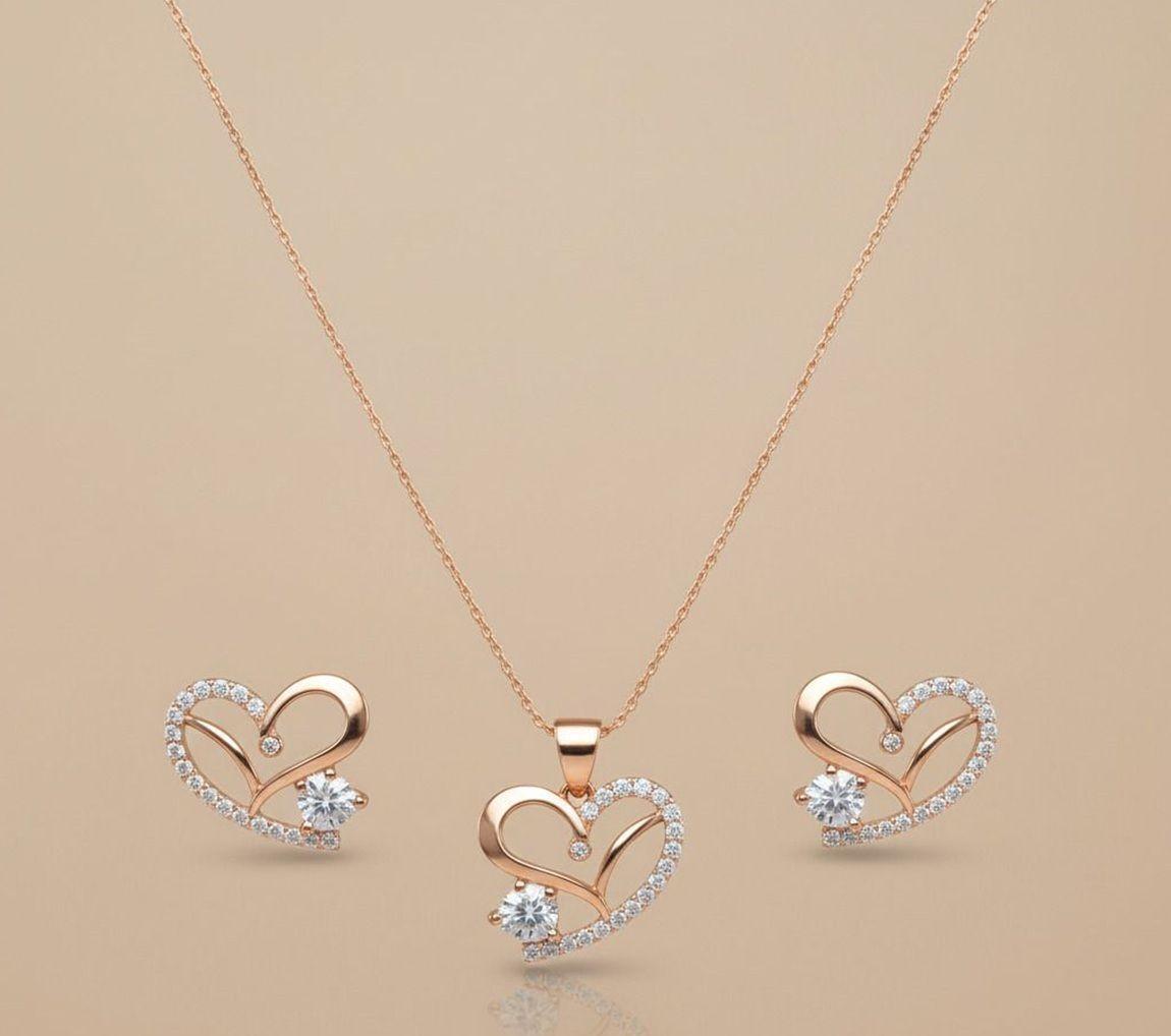 Forevershine Rose Gold Plated Heart Pendant Necklace With Earrings Set For Women | Cubic Zirconia Stone Studded Jewellery Set | Stylish Chain Pendant Set For Girls & Women - Image 4