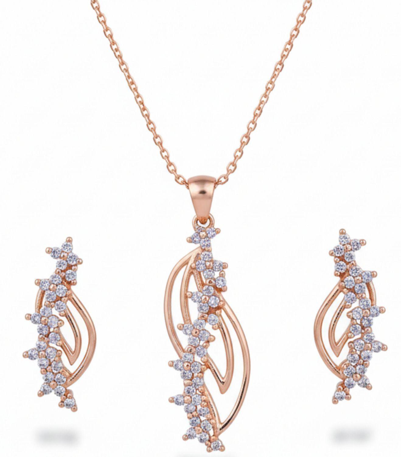 Forevershine Rose Gold Plated Cz Pendant Necklace With Earrings Set For Women | Cubic Zirconia Stone Studded Jewellery Set | Stylish Chain Pendant Set - Image 4
