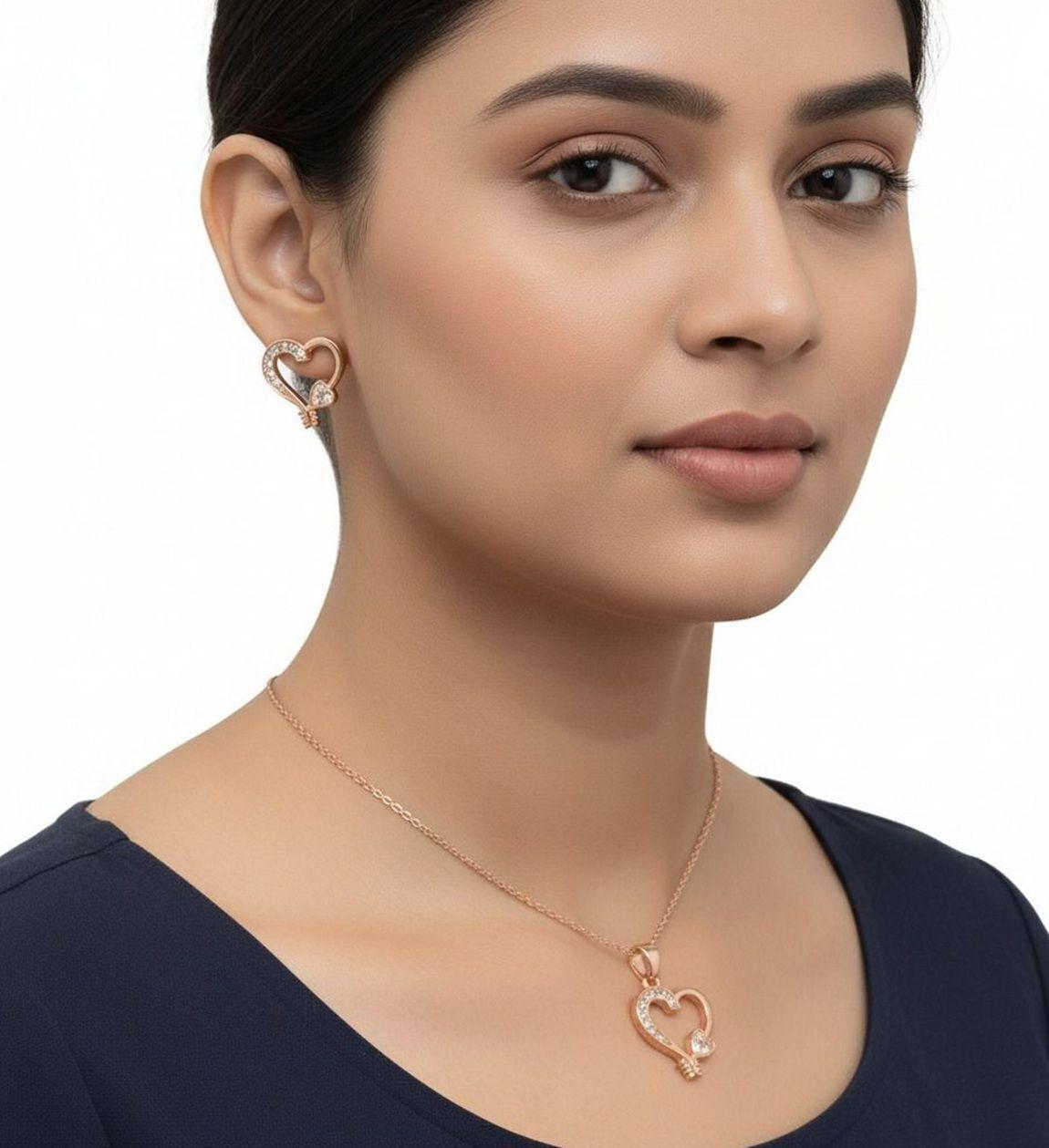 Forevershine Rose Gold Plated Heart Pendant Necklace With Earrings Set For Women | Cubic Zirconia Stone Studded Jewellery Set | Stylish Chain Pendant Set For Girls & Women - Image 3