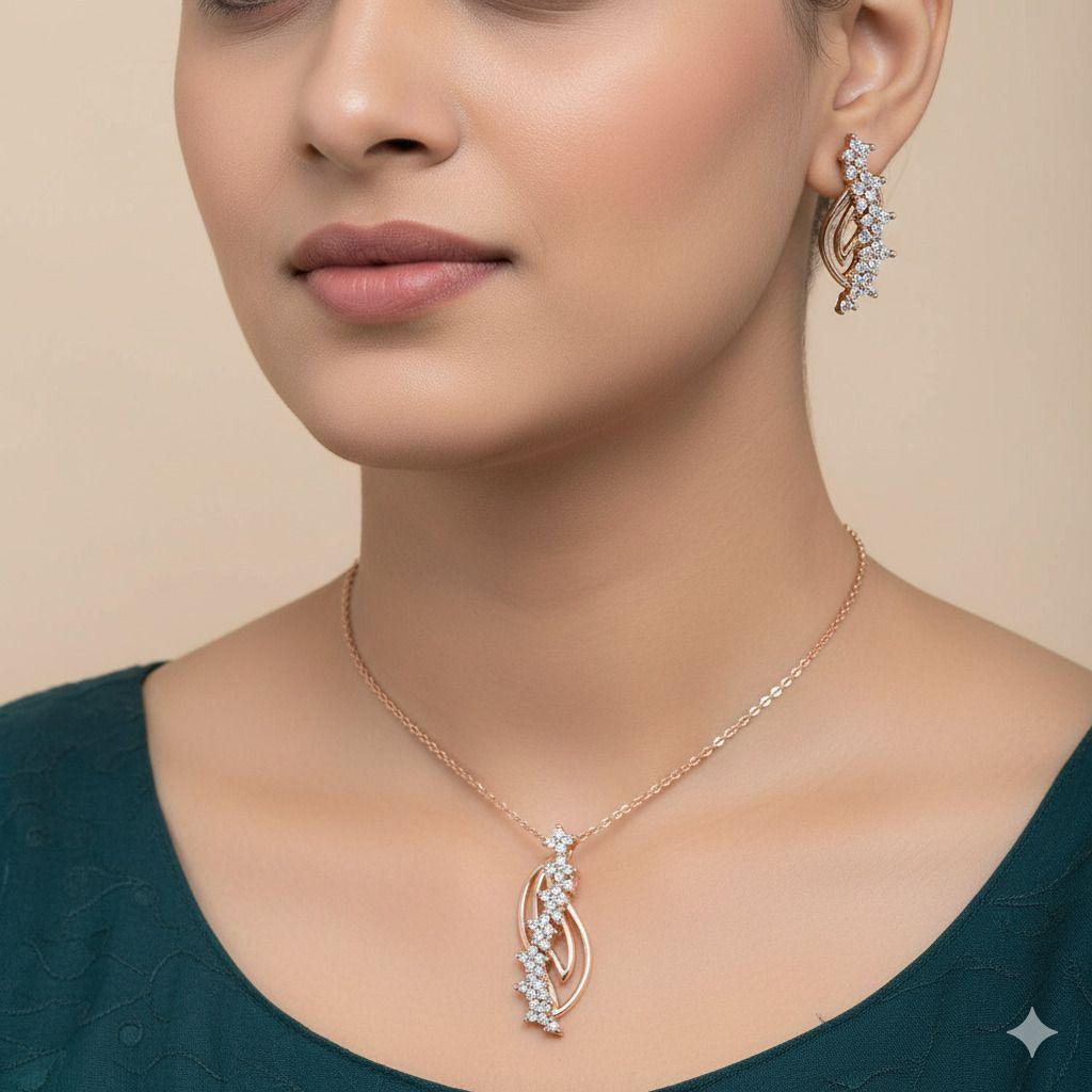 Forevershine Rose Gold Plated Cz Pendant Necklace With Earrings Set For Women | Cubic Zirconia Stone Studded Jewellery Set | Stylish Chain Pendant Set - Image 2