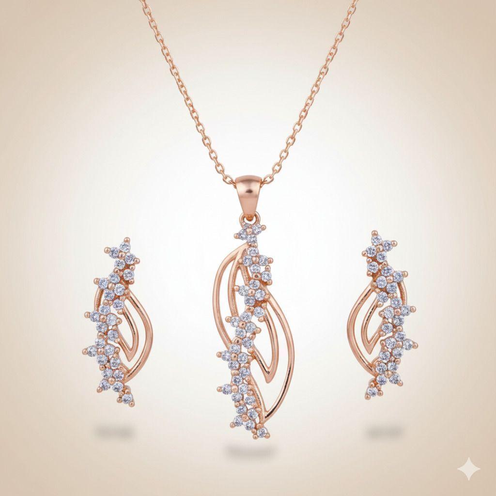 Forevershine Rose Gold Plated Cz Pendant Necklace With Earrings Set For Women | Cubic Zirconia Stone Studded Jewellery Set | Stylish Chain Pendant Set
