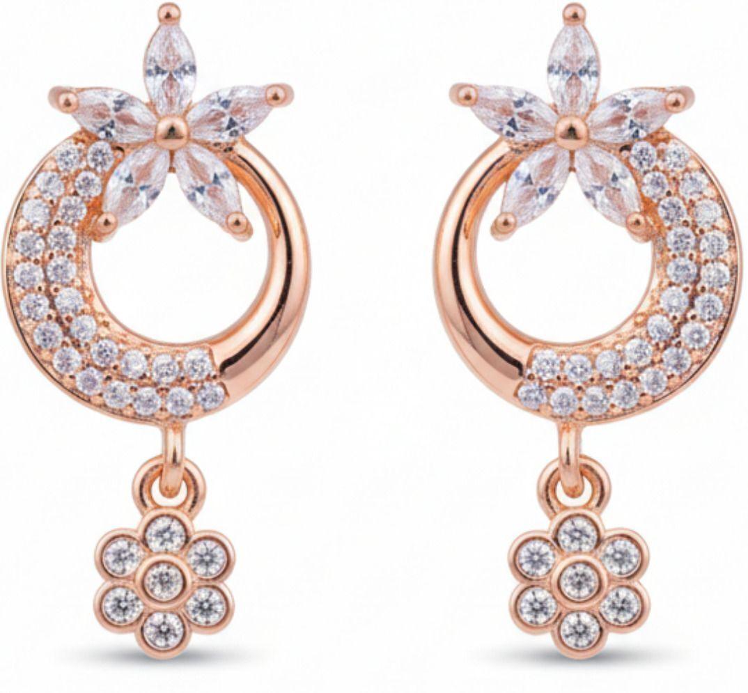 Forevershine Anti Tarnish Rose Gold Plated Marquise Cut Cubic Zirconia Flower Drop Earrings | Circular Floral Charm | Lightweight | Elegant Jewellery Gift For Women & Girls - Image 4