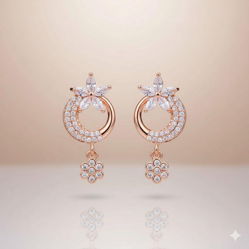 Forevershine Anti Tarnish Rose Gold Plated Marquise Cut Cubic Zirconia Flower Drop Earrings | Circular Floral Charm | Lightweight | Elegant Jewellery Gift For Women & Girls