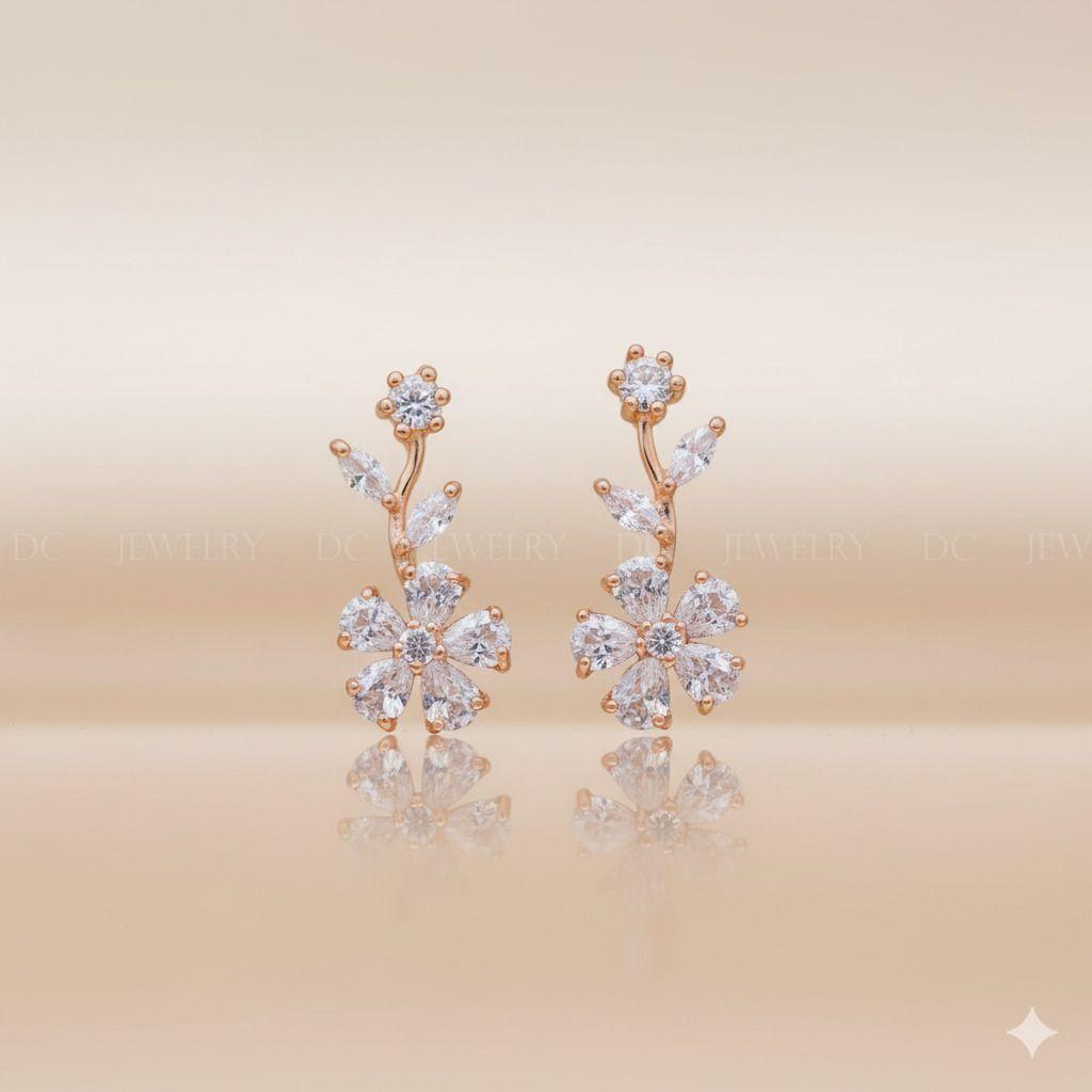 Forevershine Anti Tarnish Rose Gold Flower Ear Crawler Earrings, Cubic Zirconia Crystal Vine Climber, Floral Design|lightweight|gift For Her|for Women & Girls