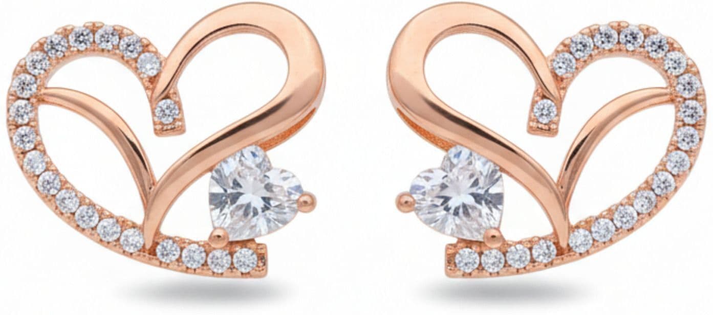 Forevershine Anti Tarnish Rose Gold Heart Stud Earrings With Cubic Zirconia, Double Heart Design|lightweight|gift For Her|skin Friendly & Hypoallergenic|stylish Jewelry For Women & Girls - Image 4