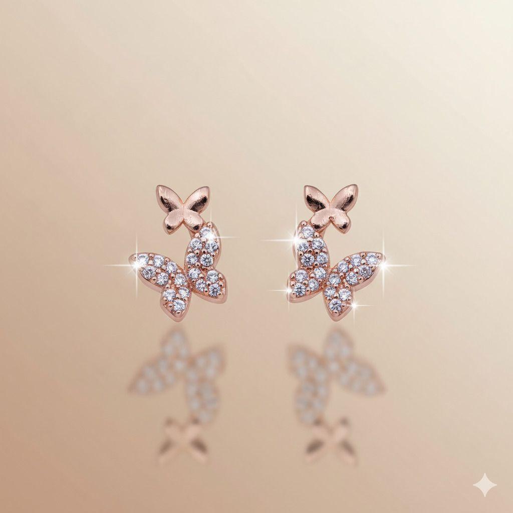 Forevershine Anti Tarnish Rose Gold Butterfly Stud Earrings With Crystal Stones, Double Butterfly Design|lightweight|gift For Her|skin Friendly & Hypoallergenic|stylish Jewelry For Women & Girls