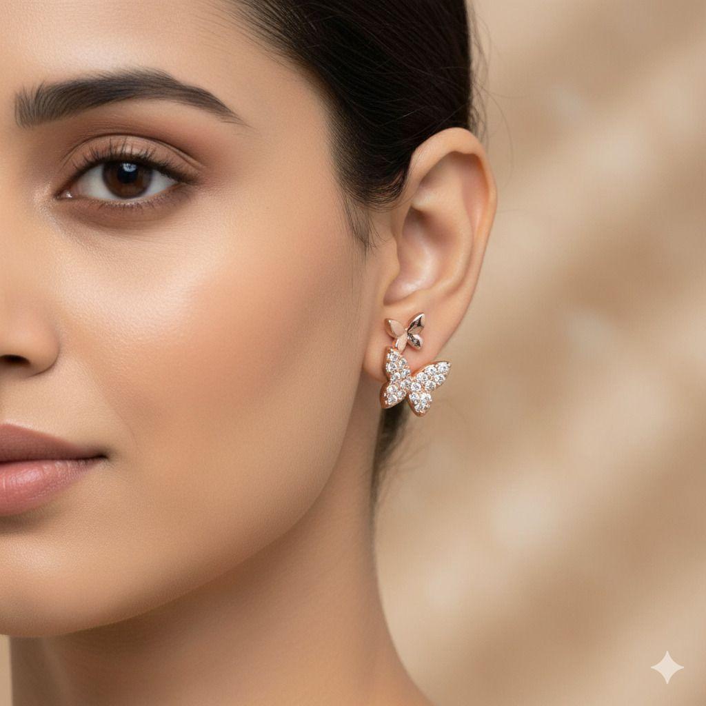 Forevershine Anti Tarnish Rose Gold Butterfly Stud Earrings With Crystal Stones, Double Butterfly Design|lightweight|gift For Her|skin Friendly & Hypoallergenic|stylish Jewelry For Women & Girls - Image 2