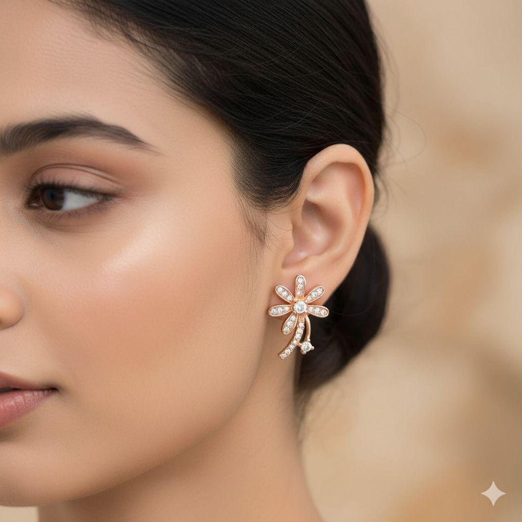 Forevershine Anti Tarnish Rose Gold Daisy Flower Stud Earrings With Cubic Zirconia, Crystal Embellished Floral Design|lightweight|gift For Her|for Women & Girls - Image 2