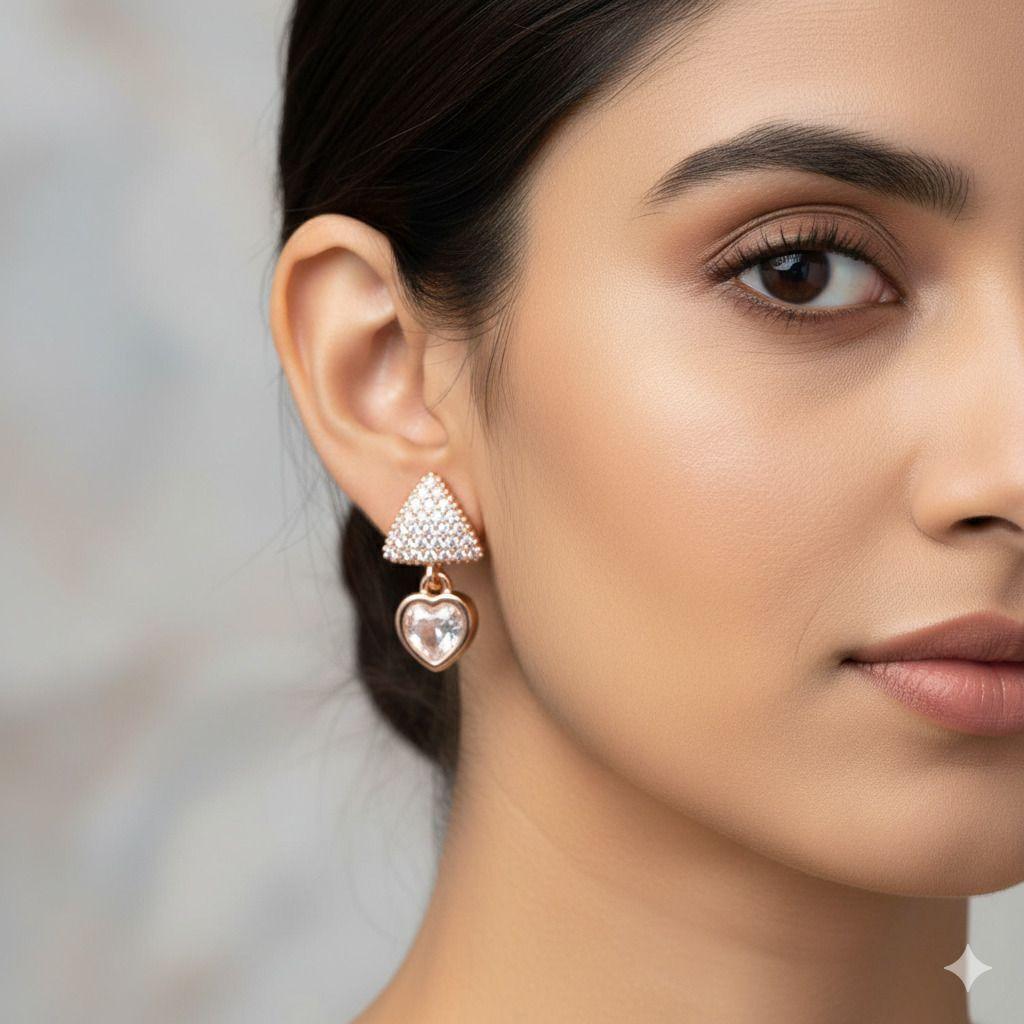 Forevershine Anti Tarnish Rose Gold Triangle Drop Earrings With Heart Charm, Cubic Zirconia, Dangle Style|lightweight|gift For Her|skin Friendly & Hypoallergenic|stylish Jewelry For Women & Girls - Image 2