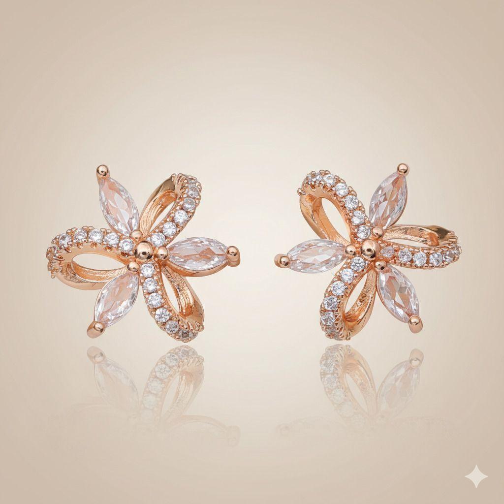 Forevershine Anti Tarnish Rose Gold Flower Stud Earrings, Marquise Cut Crystal Stones, Pave Setting|lightweight|gift For Her|skin Friendly & Hypoallergenic|stylish Jewelry For Women & Girls