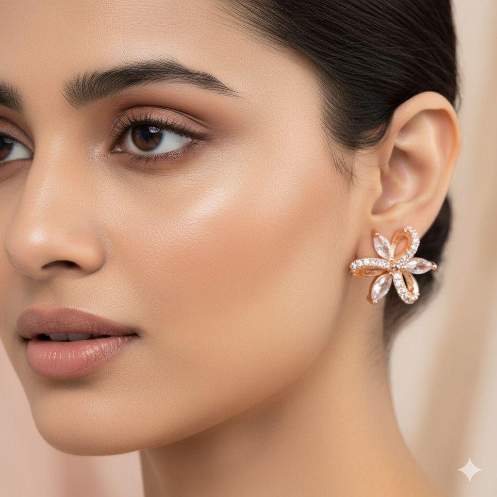 Forevershine Anti Tarnish Rose Gold Flower Stud Earrings, Marquise Cut Crystal Stones, Pave Setting|lightweight|gift For Her|skin Friendly & Hypoallergenic|stylish Jewelry For Women & Girls - Image 2