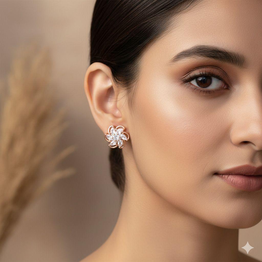 Forevershine Anti Tarnish Rose Gold Floral Stud Earrings With Cubic Zirconia, Pave Setting, Romantic Design|lightweight|gift For Her|skin Friendly & Hypoallergenic|stylish Jewelry For Women & Girls - Image 2