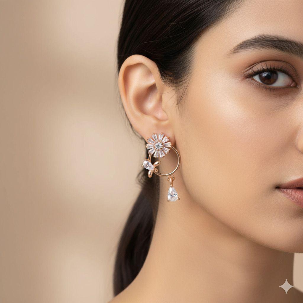 Forevershine Anti Tarnish Rose Gold Angel Wing Stud Earrings With Cubic Zirconia Stones | Lightweight Hypoallergenic Stylish Jewellery Gift For Women & Girls - Image 2