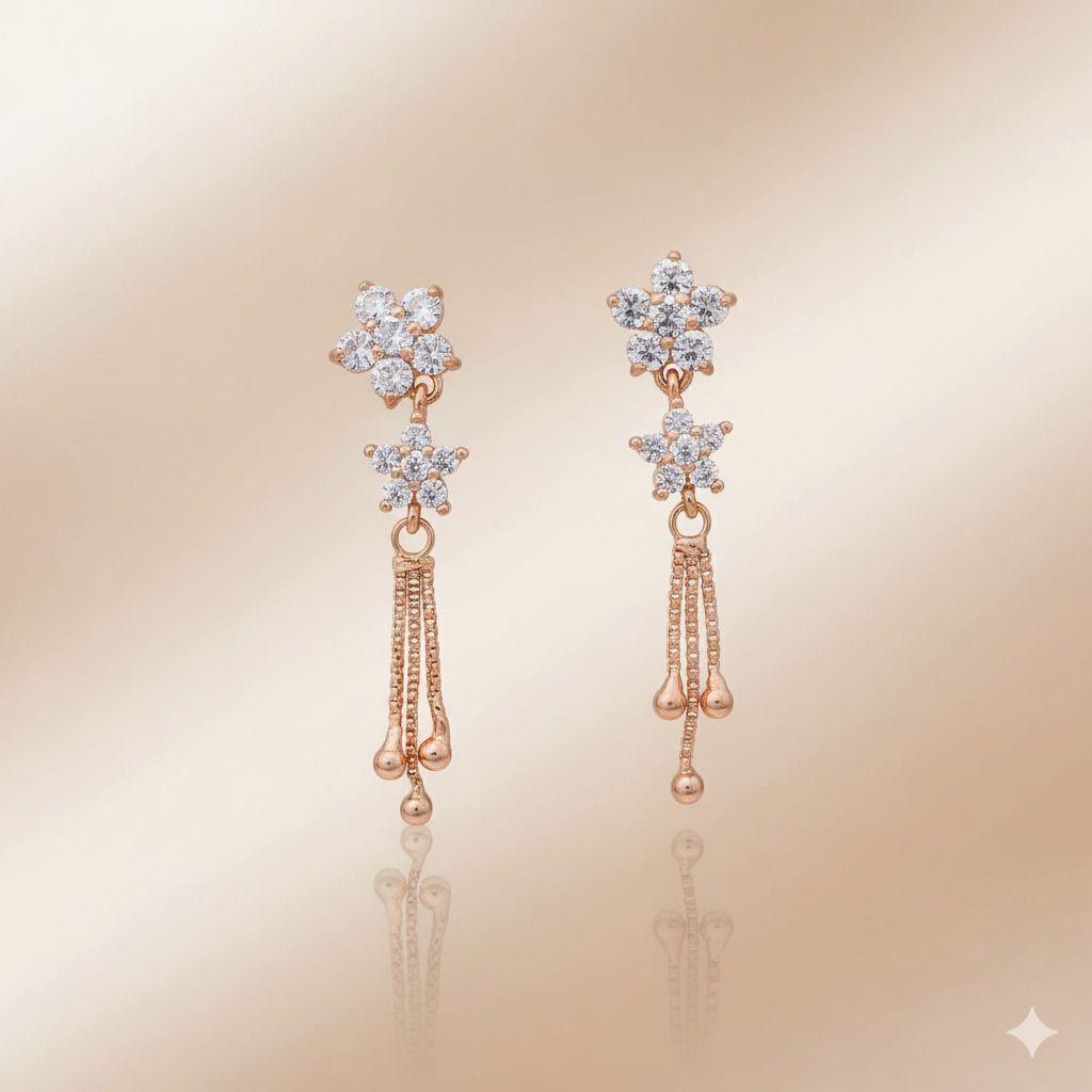 Forevershine Anti Tarnish Rose Gold Flower Earrings With Crystals, Dangling Chain Design, Drop Earrings|lightweight|gift For Her|skin Friendly & Hypoallergenic|stylish Jewelry For Women & Girls