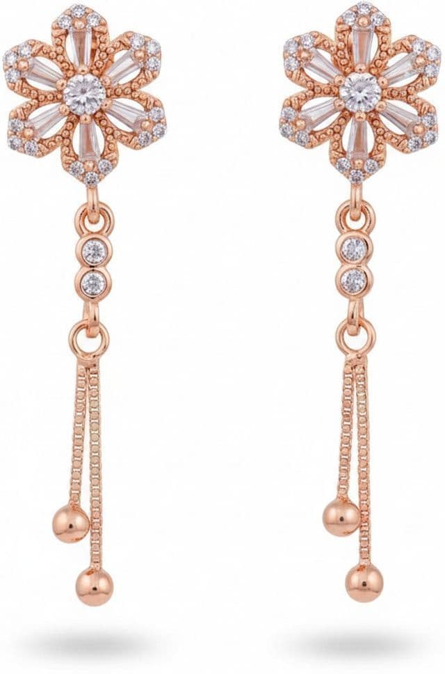 Forevershine Anti Tarnish Rose Gold Flower Drop Earrings, Crystal Embellished, Dangle Style With Bead Chain|lightweight|gift For Her|skin Friendly & Hypoallergenic|stylish Jewelry For Women & Girls - Image 4