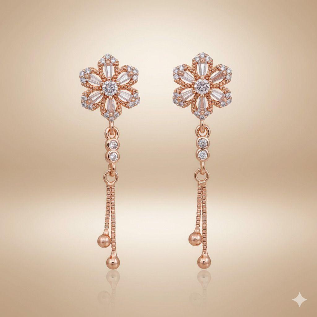 Forevershine Anti Tarnish Rose Gold Flower Drop Earrings, Crystal Embellished, Dangle Style With Bead Chain|lightweight|gift For Her|skin Friendly & Hypoallergenic|stylish Jewelry For Women & Girls