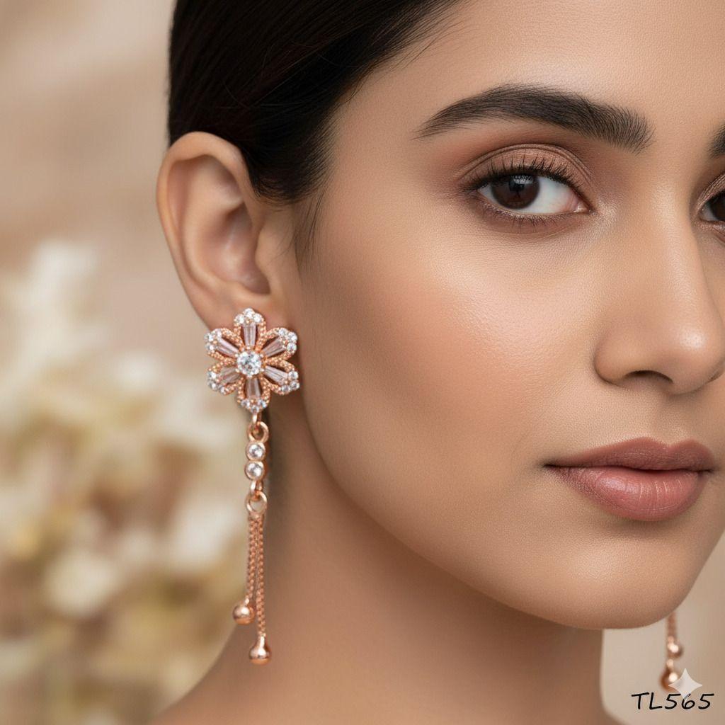 Forevershine Anti Tarnish Rose Gold Flower Drop Earrings, Crystal Embellished, Dangle Style With Bead Chain|lightweight|gift For Her|skin Friendly & Hypoallergenic|stylish Jewelry For Women & Girls - Image 2