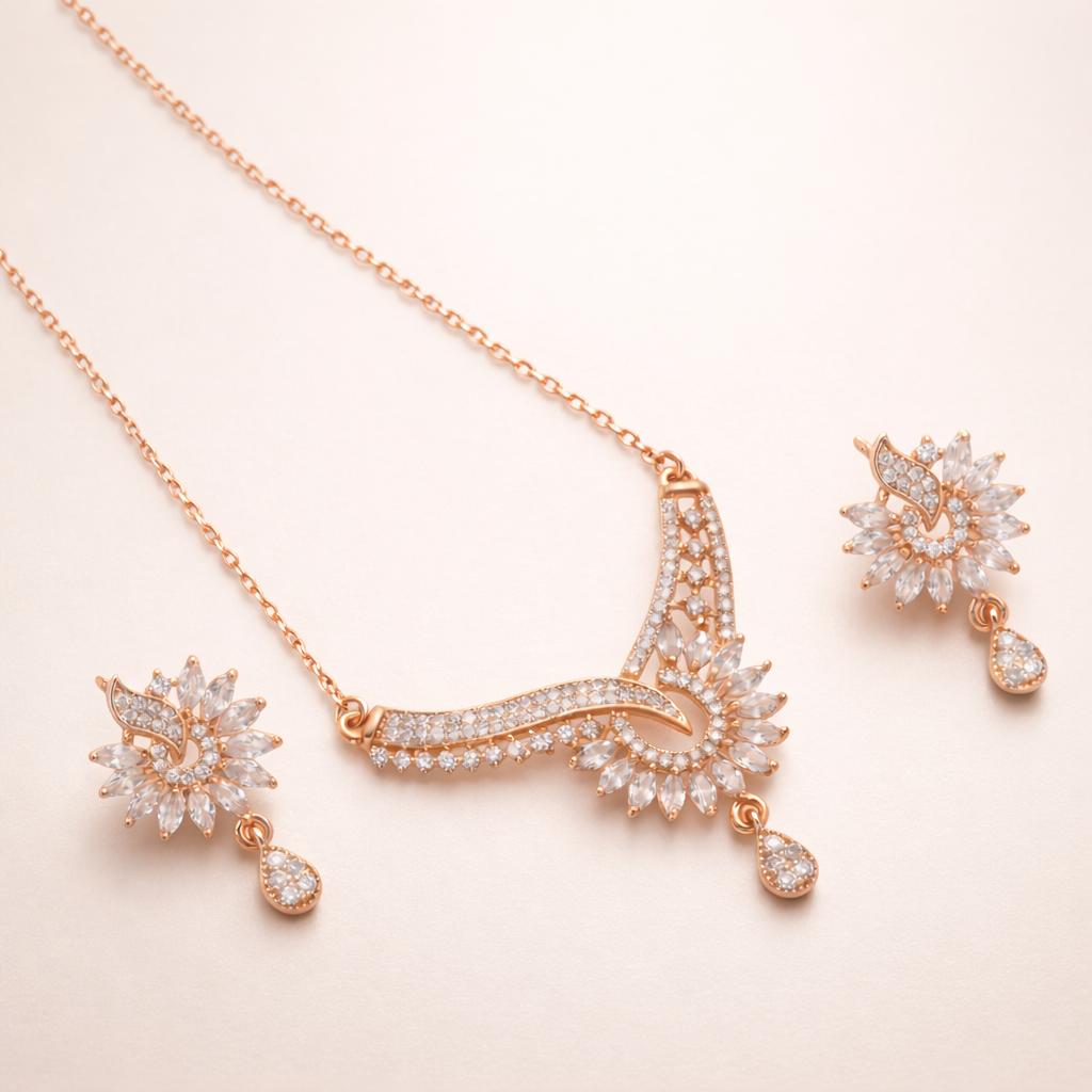 Forevershine Rose Gold Plated Cz Stone Studded Chain Pendant Necklace With Matching Earrings Jewellery Set For Women