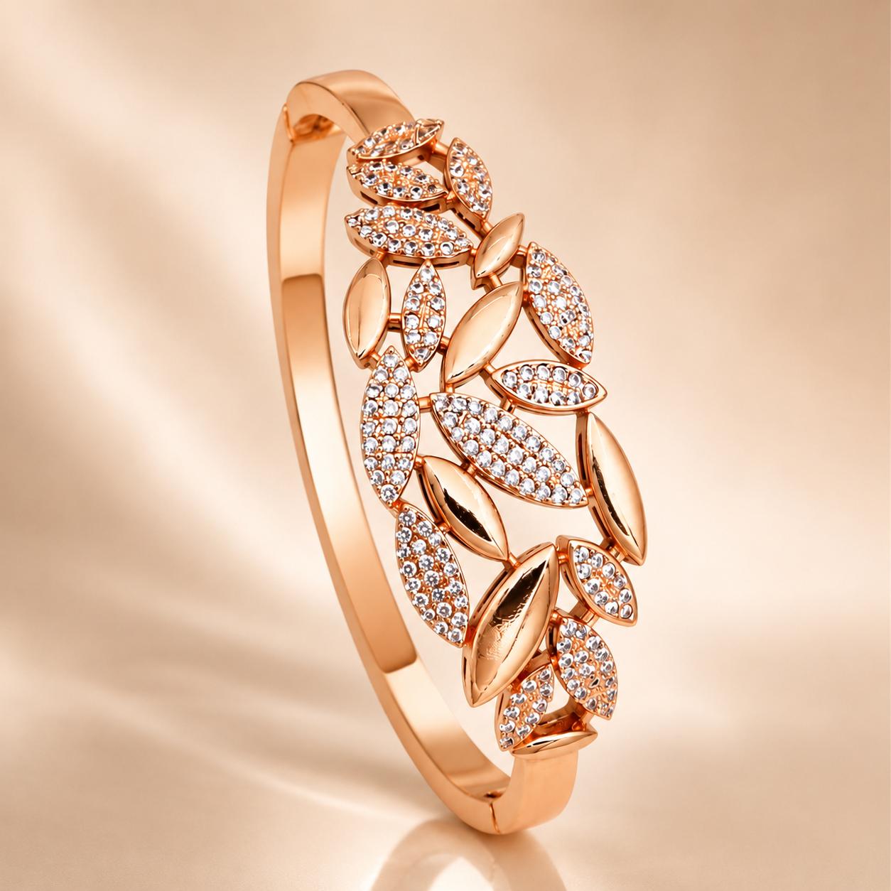 Forevershine Premium Rose Gold Plated Leaf Motif Bracelet Kada, Copper Base, Women's Fashion Jewelry, Adult, 2.4 Cm Size, 100g, Hinged Clasp Design - Image 7