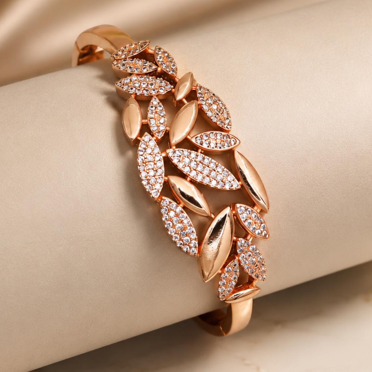 Forevershine Premium Rose Gold Plated Leaf Motif Bracelet Kada, Copper Base, Women's Fashion Jewelry, Adult, 2.4 Cm Size, 100g, Hinged Clasp Design