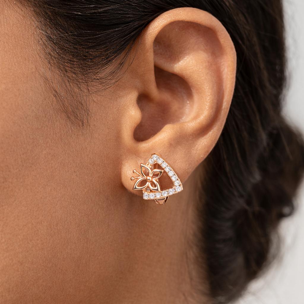 Rose Gold Triangle Stud Earrings With Flower Design, Crystal Embellished, Fashion Jewelry - Image 2