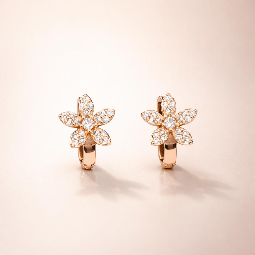 Forevershine Rose Gold Flower Hoop Earrings, Crystal Studded, Five Petal Design, Women's Jewelry
