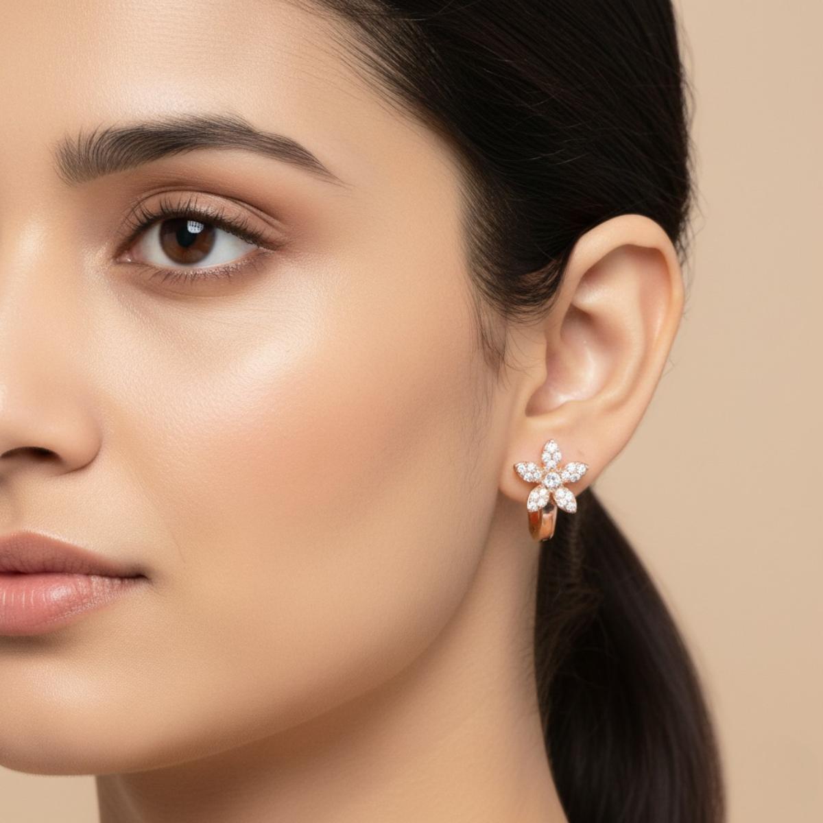 Forevershine Rose Gold Flower Hoop Earrings, Crystal Studded, Five Petal Design, Women's Jewelry - Image 3