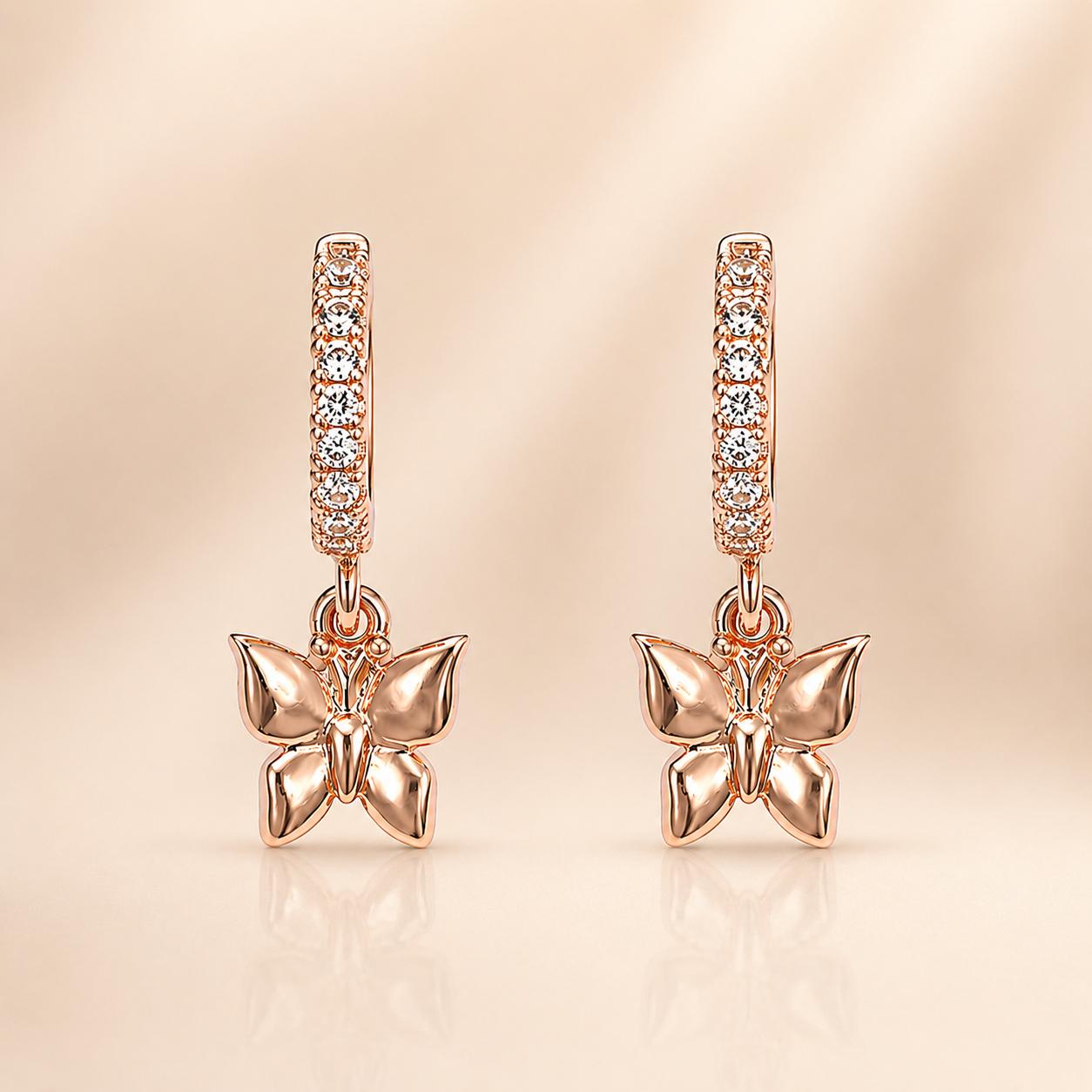 Forevershine Rose Gold Butterfly Hoop Earrings With Crystal Accents, Dangle Charm Huggie Hoops For Women & Girls