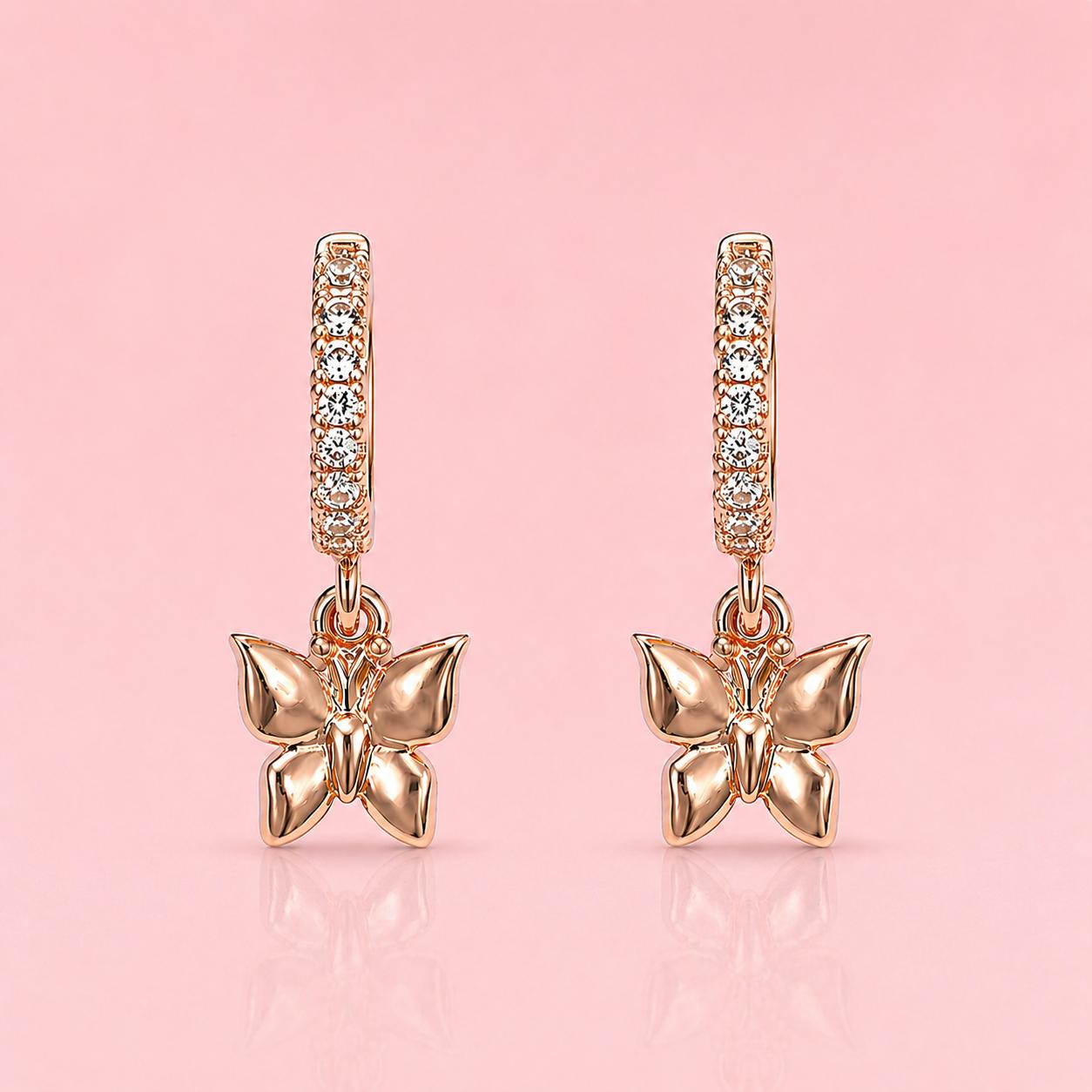 Forevershine Rose Gold Butterfly Hoop Earrings With Crystal Accents, Dangle Charm Huggie Hoops For Women & Girls - Image 3