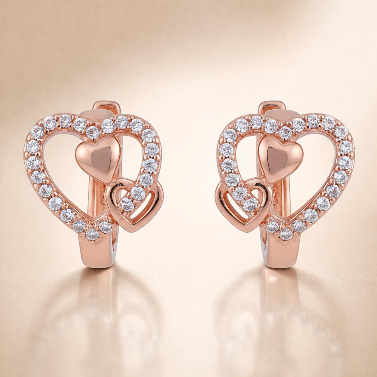 Forevershine's Rose Gold Heart Hoop Earrings, Crystal Studded, Triple Heart Design, Women's Jewelry