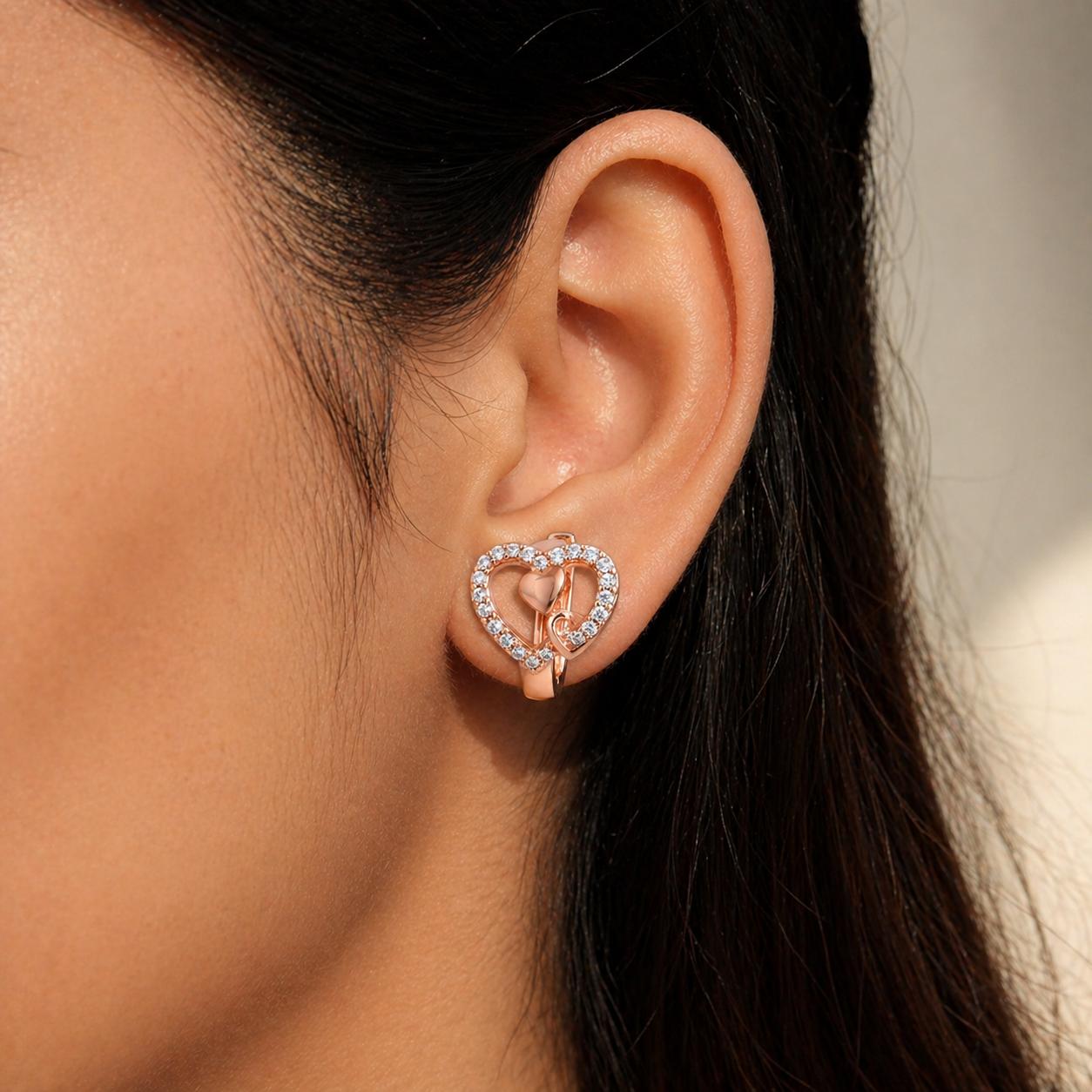 Forevershine's Rose Gold Heart Hoop Earrings, Crystal Studded, Triple Heart Design, Women's Jewelry - Image 2