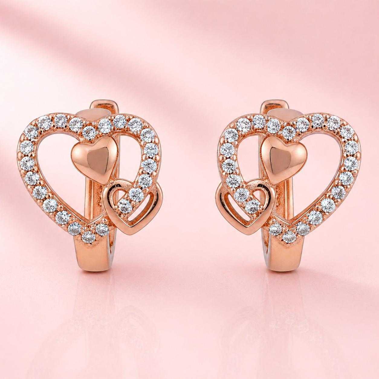 Forevershine's Rose Gold Heart Hoop Earrings, Crystal Studded, Triple Heart Design, Women's Jewelry - Image 3
