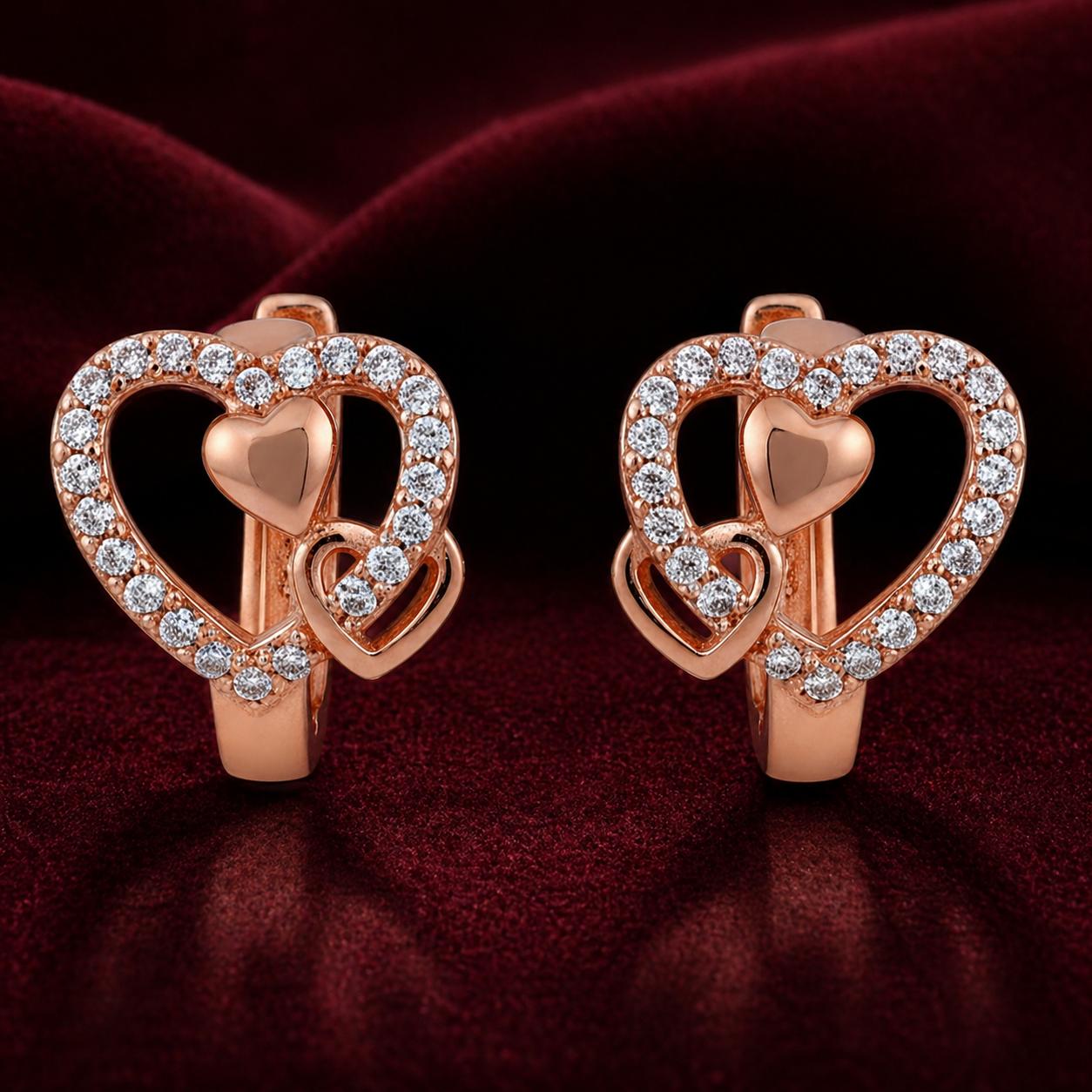 Forevershine's Rose Gold Heart Hoop Earrings, Crystal Studded, Triple Heart Design, Women's Jewelry - Image 4